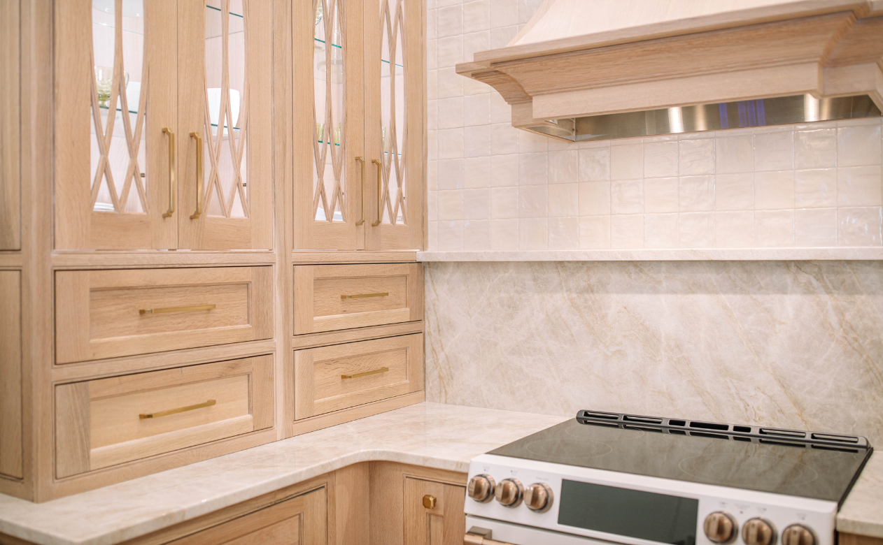 beige cabinets in farmhouse kitchen