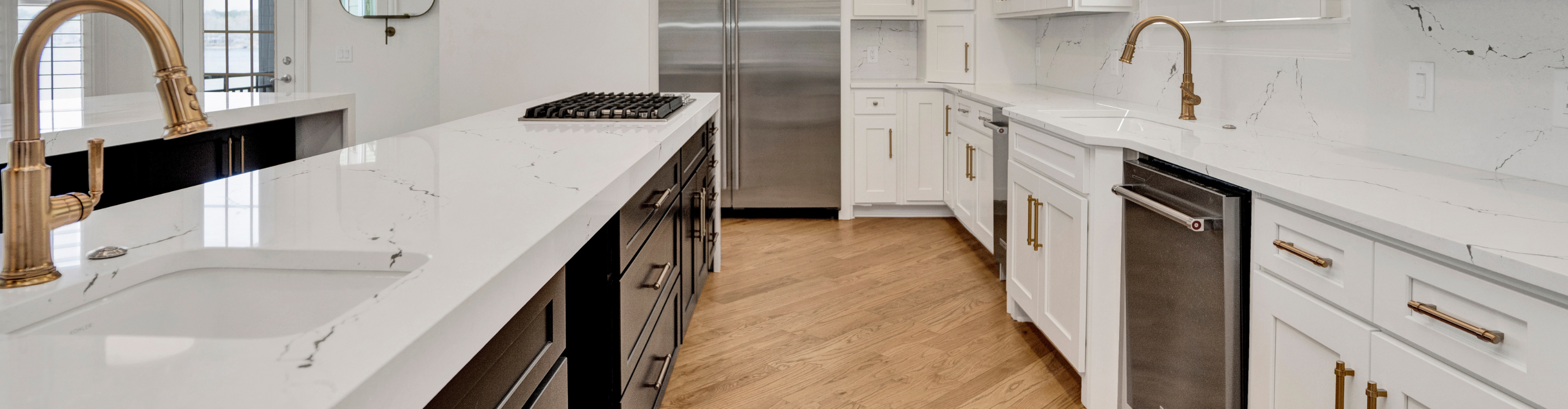 quartz white countertops in white kitchen