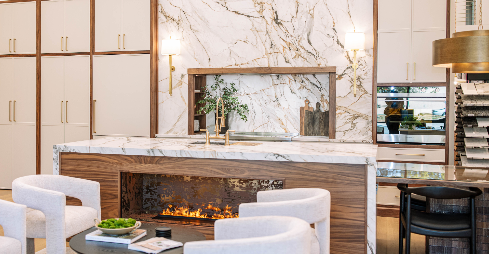 Dramatic Slab Backsplash Kitchen With Island Fireplace